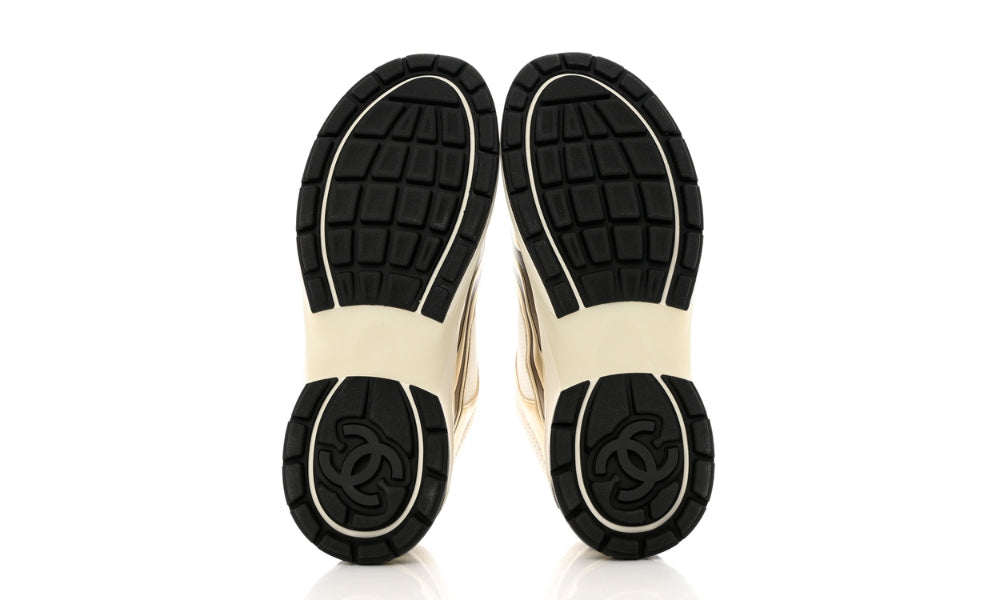 Chanel Fabric & Laminated White, Gold & Silver Low Top Sneakers